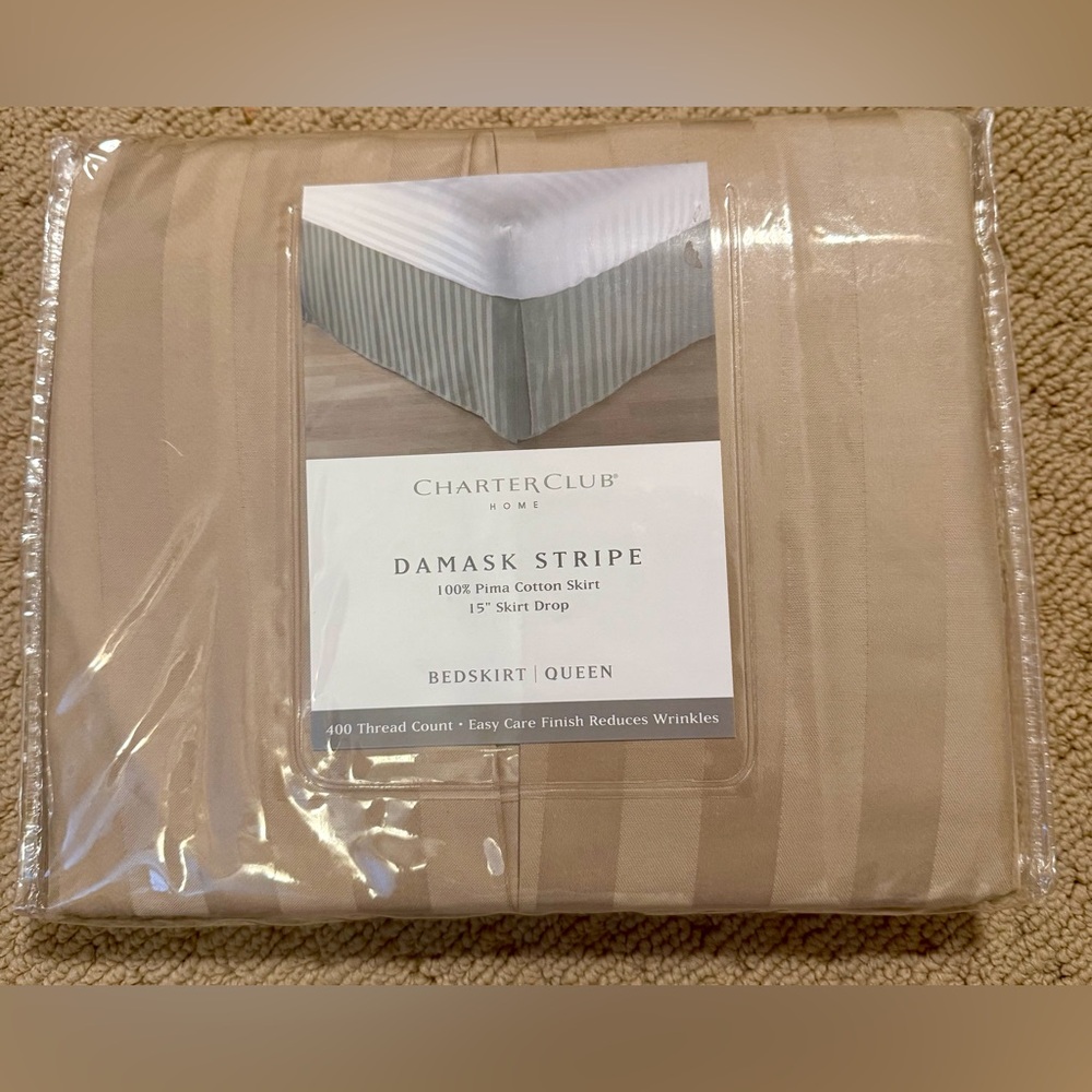 Charter Club Beige Damask Stripe Bedskirt - Queen